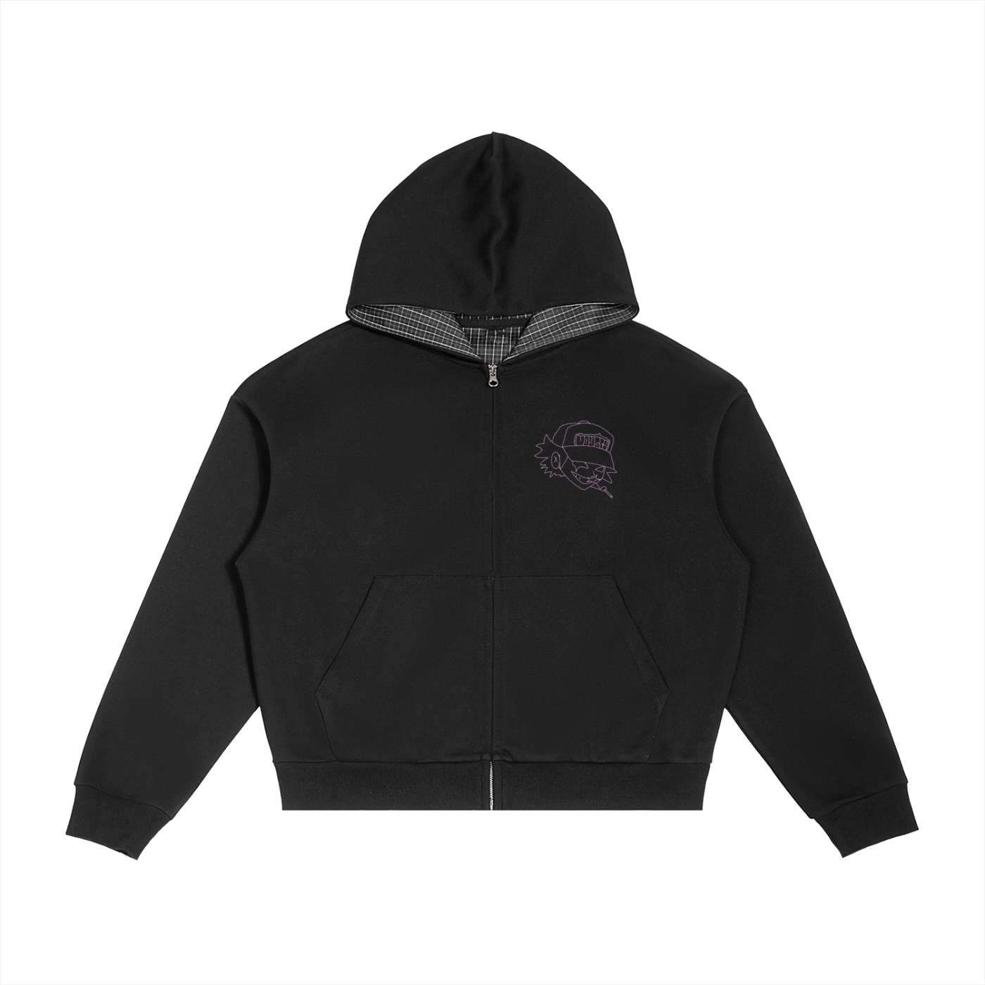 Contrast Plaid Boxy Zip Hoodie