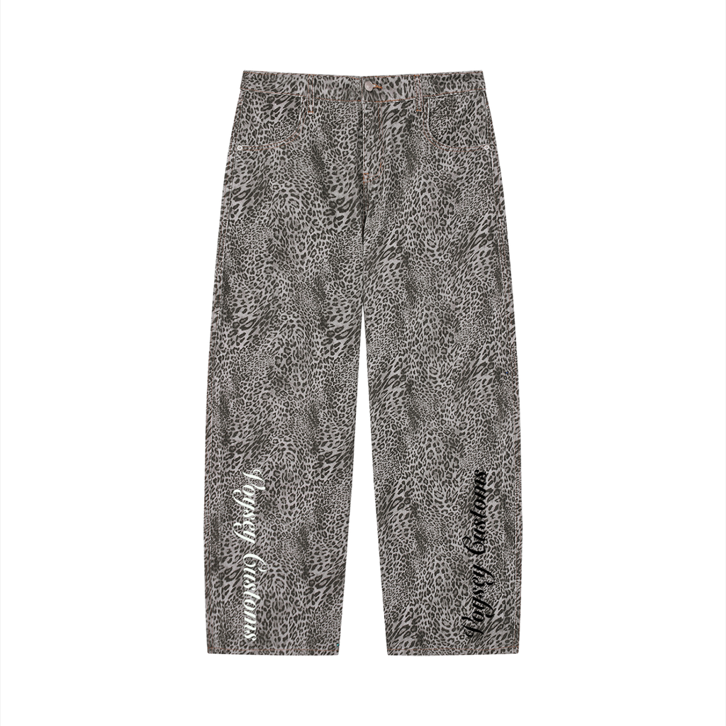 Unisex Vintage Wash Leopard Wide Leg Jeans
