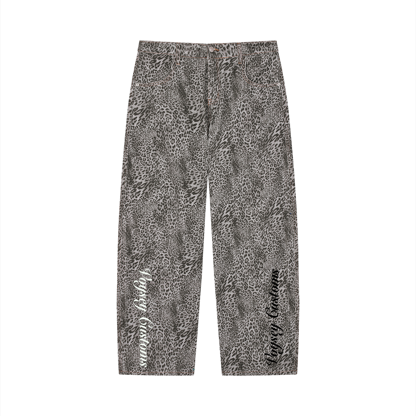 Unisex Vintage Wash Leopard Wide Leg Jeans