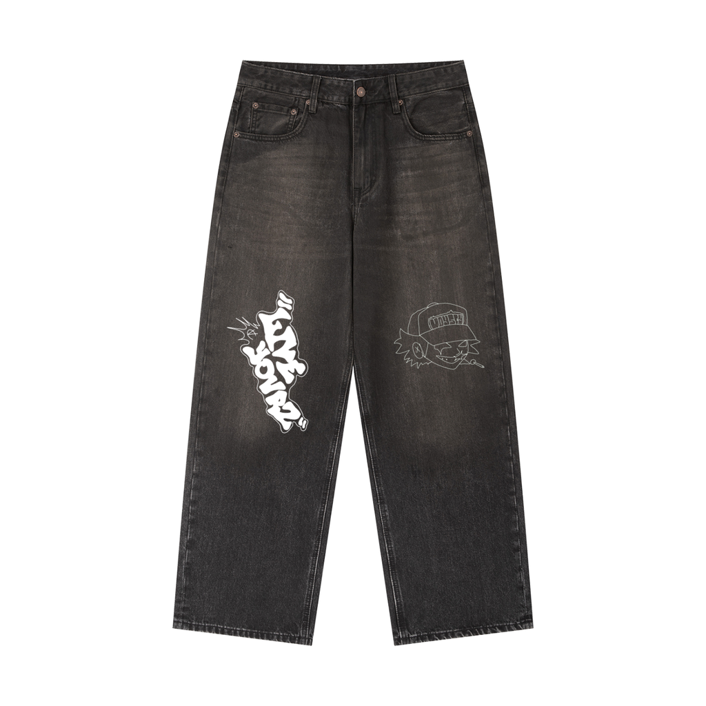 Men's loose vintage wash heavyweight denim jeans in charcoal black with white graffiti graphics on the legs.