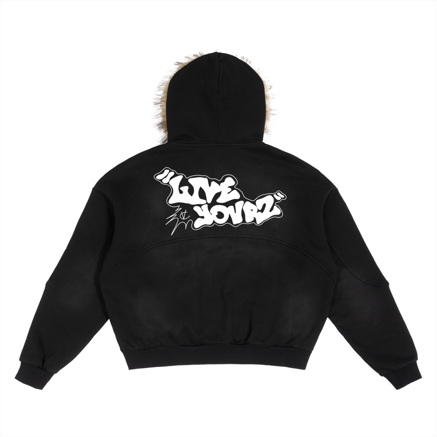 Back view of a black boxy oversized hoodie with a fur-trimmed hood and white LIVE YOURZ graffiti graphic.