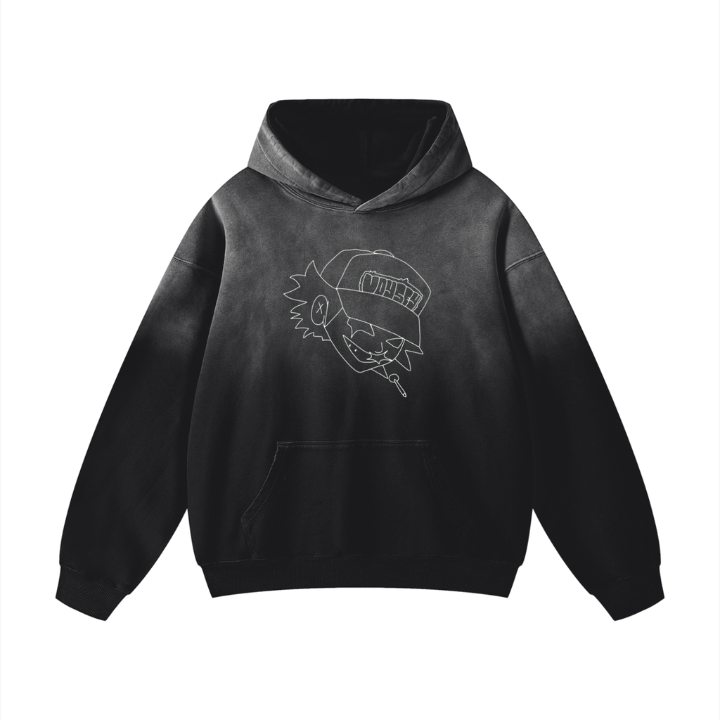 Front view of a black 400GSM heavyweight sunfade oversized hoodie with a white line art character graphic and front pocket.