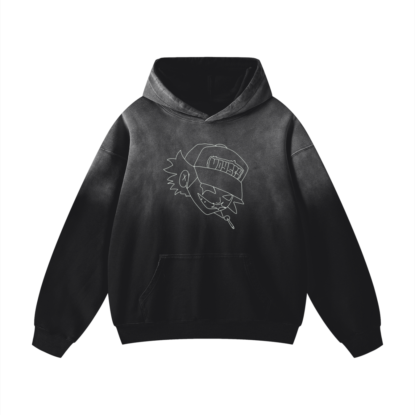 Front view of a black 400GSM heavyweight sunfade oversized hoodie with a white line art character graphic and front pocket.