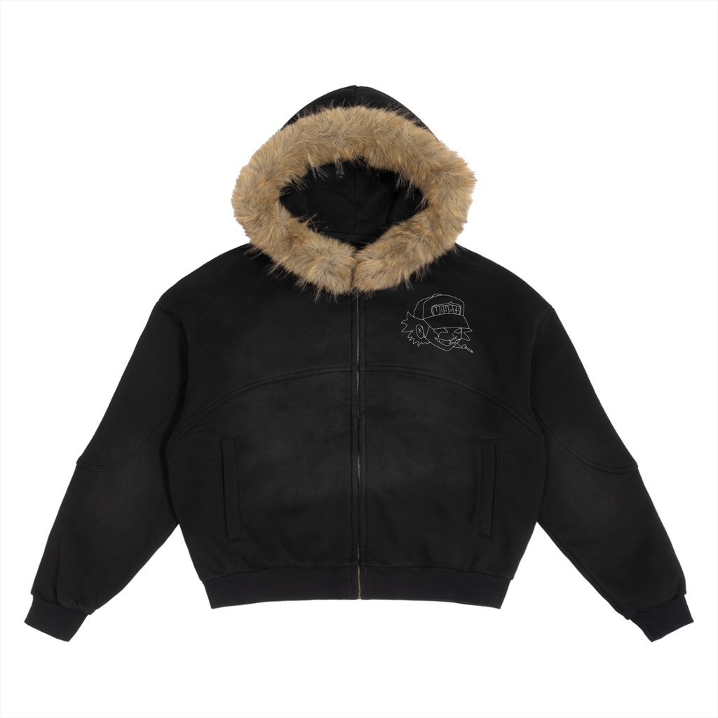 Black Sun Fade boxy unisex hoodie with detachable faux fur trim hood and white graphic print on chest.