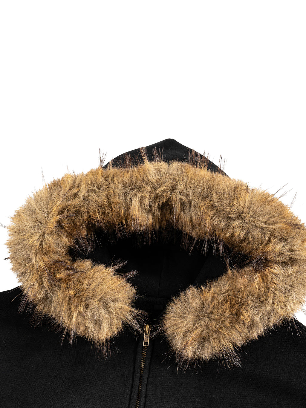 Close-up of a black sun-fade boxy hoodie featuring a detachable brown faux fur trim on the hood with a zip-up front.