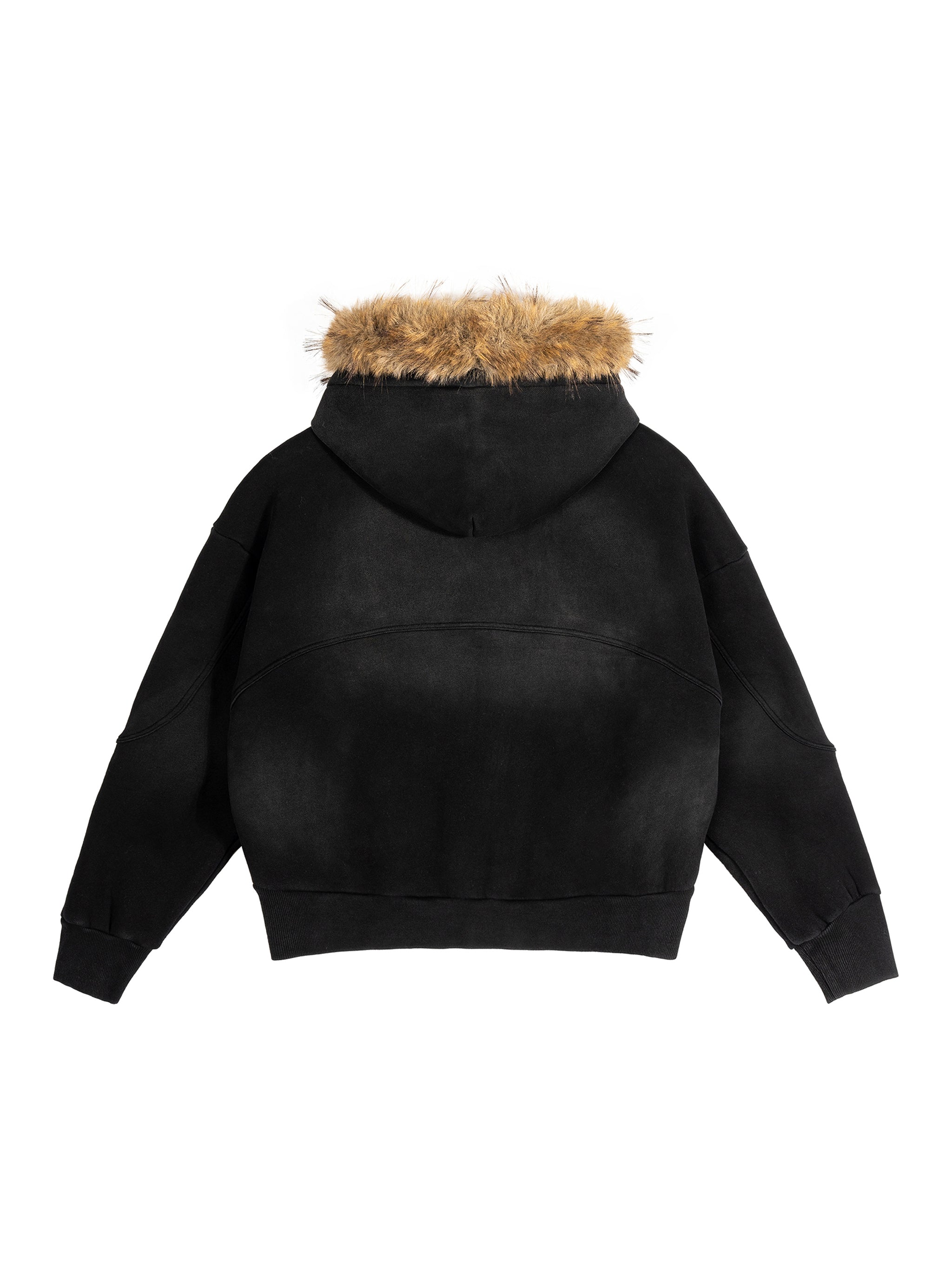 Back view of a black sun-fade oversized hoodie with a boxy fit and detachable brown faux-fur trim on the hood.