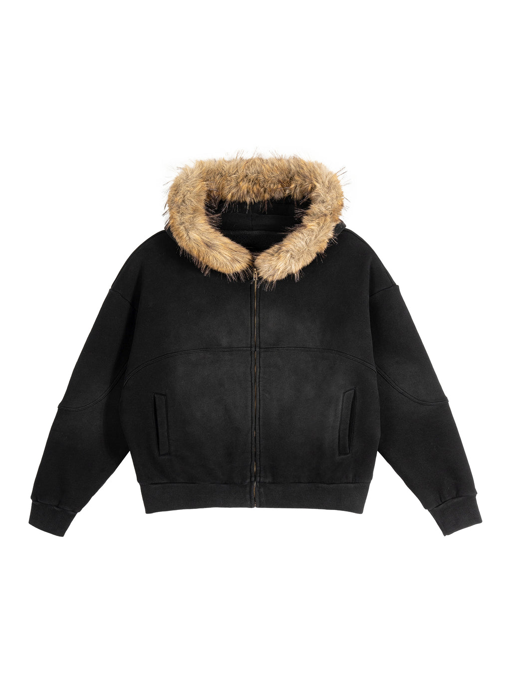 Oversized sun fade black zip-up hoodie with detachable faux fur trim hood and boxy streetwear fit.