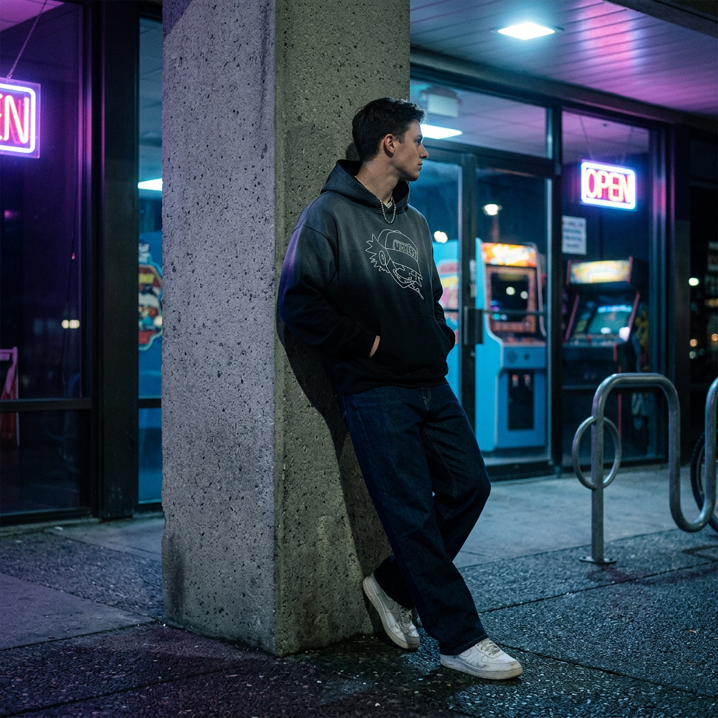 Man wearing a Heavyweight 400GSM Sunfade Oversized Hoodie leaning on a pillar under neon city lights at night.