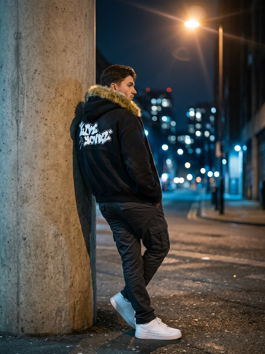 Man in "Sun Fade Boxy Detachable Fur Hoodie" with white text, leaning against a pillar on a city street at night.