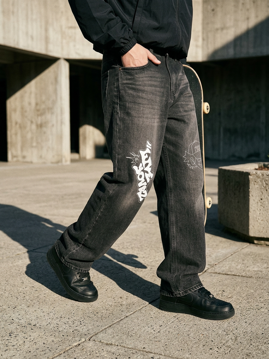 Person in black Vintage Wash Heavyweight Loose Denim with graphic print and skateboard, walking on concrete.